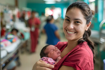 Young woman holding newborn baby in hospital room