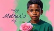 Handsome African-American boy with pink rose on green and pink background. Mother’s Day concept card. Digital graphic Ai illustration 