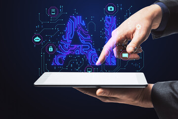 Wall Mural - Close up of businessman hand using smartphone with glowing blue AI hologram on dark background. Artificial intelligence, technology and innovation concept.