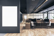 Modern coworking office workplace with empty white mock up banner on dark wall, wooden flooring, panoramic windows with city view, furniture and computer monitors. 3D Rendering.