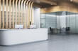 Modern light wooden, concrete and glass office reception with desk and other pieces of furniture. 3D Rendering.