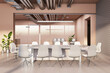 An empty, modern meeting room with a long table, chairs, and decorative plants, on a wooden floor background, concept of a corporate setting. 3D Rendering