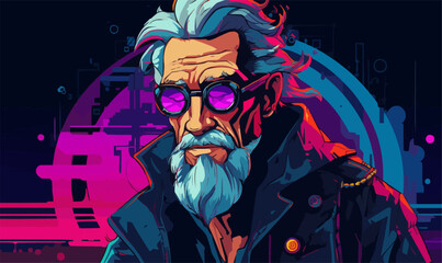 Wall Mural - cyberpunk style old man vector flat isolated vector style illustration