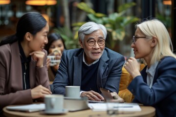 Sticker - Group of asian business people meeting in coffee shop. Businessman and businesswoman talking and smiling while sitting in cafe.