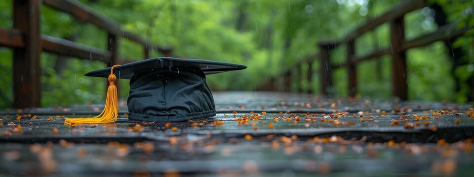 Black graduation cap with yellow tassel hanging on wooden crossbar in park with sunlight and bokeh background for school education concept banner design. A black teenager's hat hangs on a blurry fores