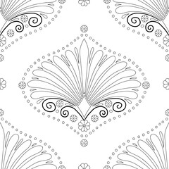 Wall Mural - Seamless pattern with black and white monochrome floral ogee and anthemion geometrical motifs on a white background. Minimalist classic abstract repeat wallpaper.