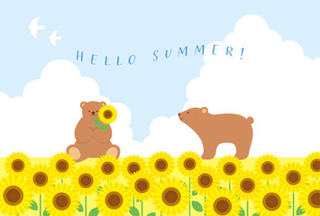 Wall Mural - summer vector background with bears and sunflowers on the sky for banners, cards, flyers, social media wallpapers, etc.