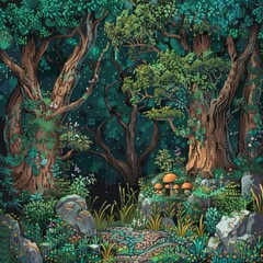 Wall Mural - A forest scene with trees and mushrooms