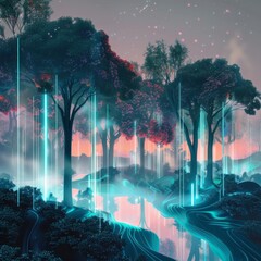 Poster - A forest with trees lit up in neon colors