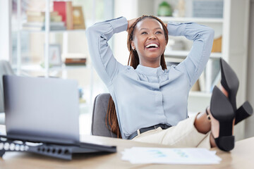 Poster - Business, relax and black woman at desk, office and done with project, success or laptop. African person, employee or consultant with computer, achievement or happiness with opportunity or stretching