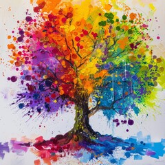 Wall Mural - Vibrant abstract tree made of splattered paint techniques in a rainbow of colors.