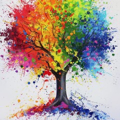 Sticker - Vibrant abstract tree made of splattered paint techniques in a rainbow of colors. 