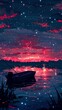 Pixelated night fishing on a tranquil lake, boat, stars, and a calm water surface