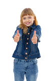Fototapeta Natura - Portrait of ten year old kid doing thumbs up gesture, isolated on white background. Blondy caucasian girl in jeans clothes smiling happy at camera and posing in studio.