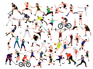 Wall Mural - Group of people performing sports activities. Doing yoga and gymnastics exercises, jogging, riding bicycles, playing ball game and tennis.