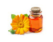 Aromatherapy essential calendula oil on white backgrounds