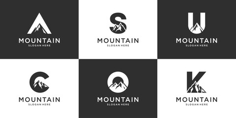 Set of mountain logo with creative alphabet symbol logo design