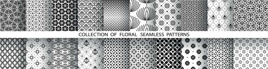 Wall Mural - Geometric floral set of seamless patterns. White and black vector backgrounds. Damask graphic ornaments.