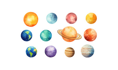 Watercolor vector illustration planet galaxy universe solar system stars set clipart sketch Mercury Venus Earth Mars Jupiter Saturn Uranus Neptune