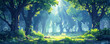 A mystical forest illuminated by shafts of sunlight, with ancient trees standing sentinel over the lush undergrowth. Digital art style vector flat minimalistic isolated
