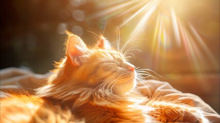 Wall Mural - Capture an orange cat basking in a warm sunbeam, highlighting its love of comfort