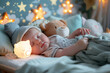 Baby sleeping soundly with a star-shaped nightlight and plush toys in a starlit room