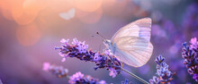Beautiful Butterfly Resting On Lavender On Blurred Lavender Field Background, Close Up, With Empty Copy Space