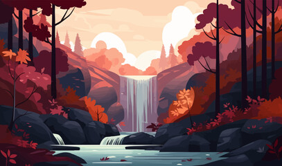 Sticker - Waterfall in a forest vector flat minimalistic isolated vector style illustration