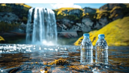 Two water bottles placed by a beautiful waterfall in a natural landscape