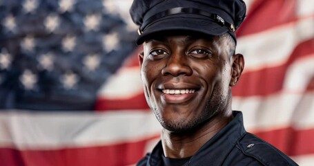 Wall Mural - Smiling African American police officer in uniform against a blurred American flag background. Perfect for patriotic campaigns