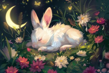 Cute illustration of a baby bunny snuggled up in a bed of flowers, surrounded by fireflies and a crescent moon
