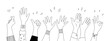 Doodle sketch hands up gestures comic icons silhouettes vector set. Group of line art fun comic hands in the air. Voting or happy congratulation audience recognition symbols.