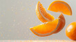 Juicy orange slices flying in the air on a light background
