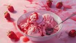 There is a white bowl on a pink surface. The bowl is filled with three scoops of strawberry ice cream.