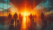 A group of people are walking through a large airport terminal, with their luggage in tow. The sun is shining brightly, casting a warm glow on the scene. Scene is one of travel and adventure