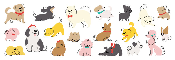  Set of cute dogs clipart vector. Lovely dog and friendly puppy doodle pattern in different poses and breeds with flat color. Adorable funny pet and many characters hand drawn collection.