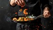 Chef in Action: Cooking Stir Fry with Flying Ingredients. Dynamic Kitchen Scene. Culinary Art Candid Shot, Close-up. AI