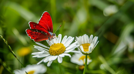 Wall Mural - Butterfly on camomile flower. Beautiful nature scene.