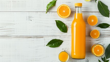 summer background with oranges, leaves and juice