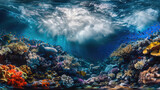 A colorful and diverse coral reef ecosystem teeming with marine life, including fish, crustaceans, and various species of coral, creating a visually stunning underwater landscape