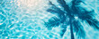 Shadow of a palm tree falls on the blue water in the pool top view background copy space for text.