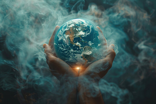 The globe shrouded in smoke, clouds in human palms on a dark background. Generated by artificial intelligence