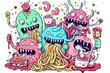 Cartoon cute doodles of baby monsters having a messy mealtime with spaghetti and monster sauce, Generative AI