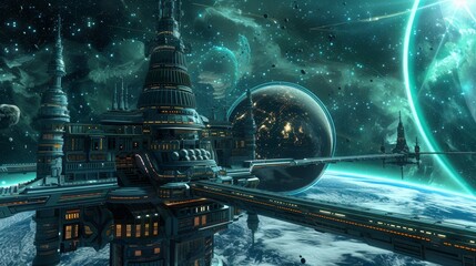 Wall Mural - A space station orbiting a distant planet with futuristic architecture  AI generated illustration