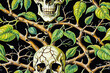 Skulls intertwined with branches and leaves. Seamless pattern. Digital illustration.