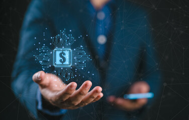 Poster - Financial technology, online banking. Person using smartphone with Fintech icon on virtual screen. Business investment banking payment technology.