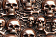 Bronze Skulls. Biomechanical concept. Seamless pattern. Digital illustration.