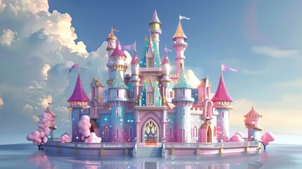 Wall Mural - A whimsical 3D fairy tale castle with turrets and sparkly accents  AI generated illustration