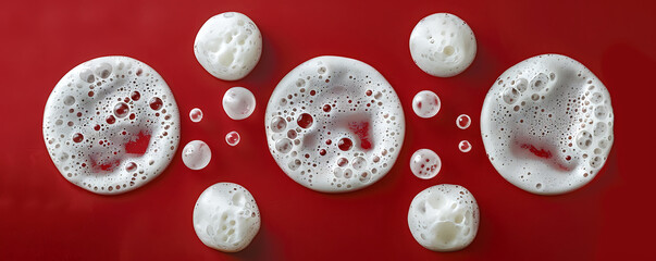 Wall Mural - Set foam soap bubble isolated on light red background top view.