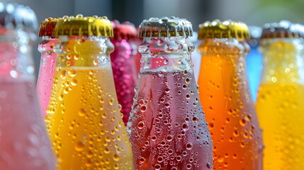 Colorful cold beverages with droplets on the glass bottles